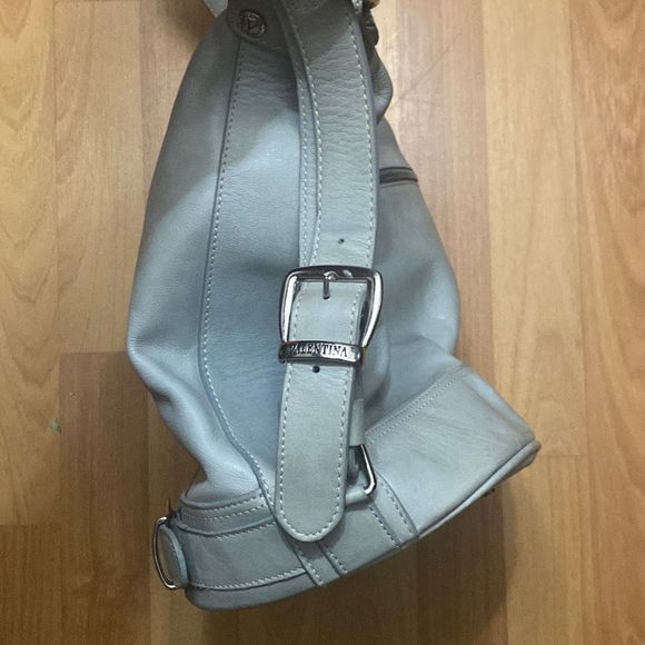 Valentina Teal Leather Bucket Shoulder Bag Double Zipper Made In Italy - Picture 10 of 12